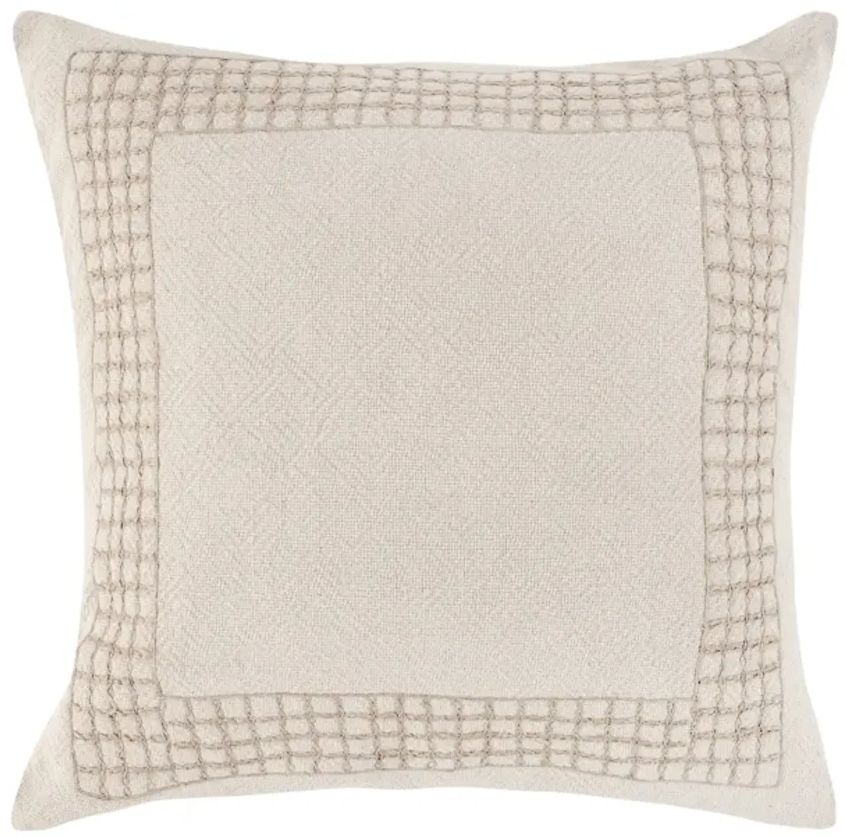 Throw Pillow, Jute Linen Embroidery Pattern, Square 26 Inch Beige - Benzara