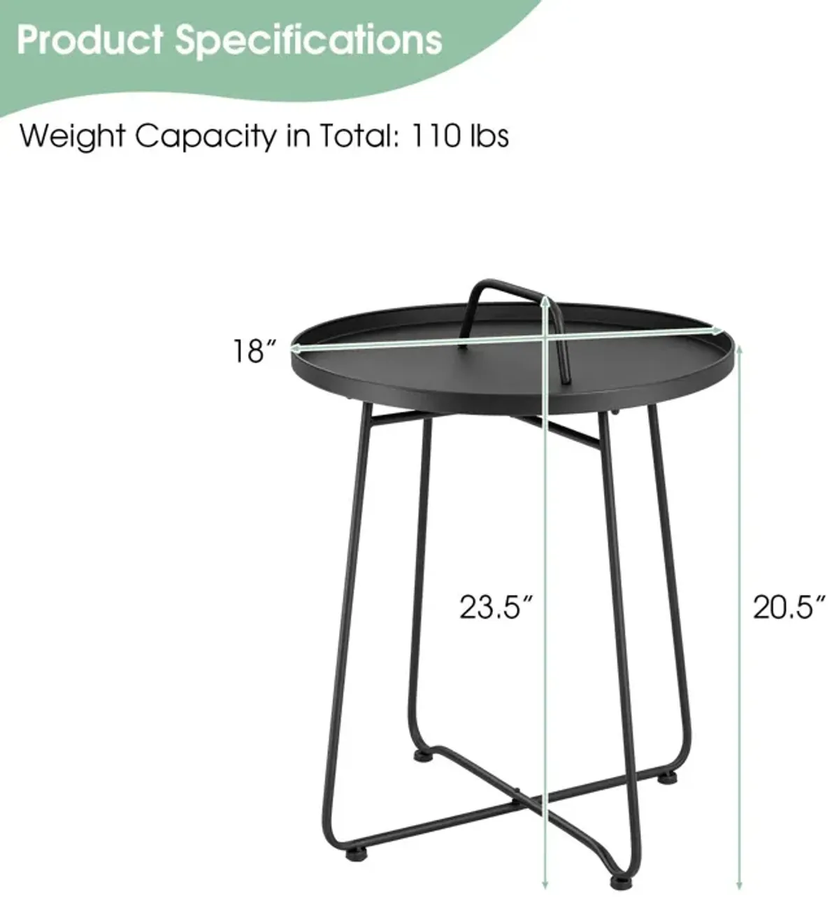 Outdoor Metal Patio End Side Table Weather Resistant with Handle