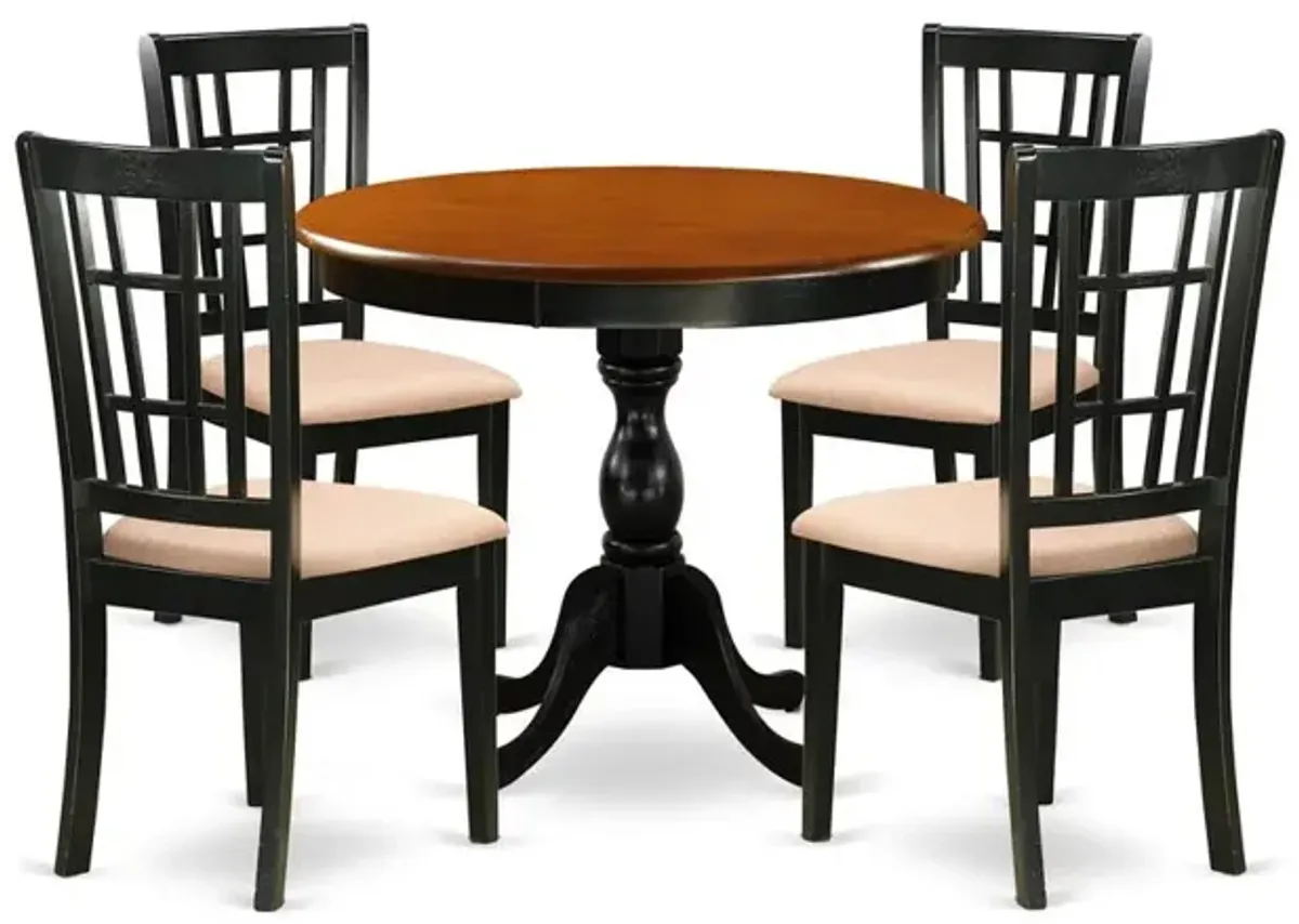East West Furniture 5-Piece Modern Dining Set Consists of a Mid Century Dining Table and 4 Linen Fabric Dinning Room Chairs with Slatted Back - Black Finish
