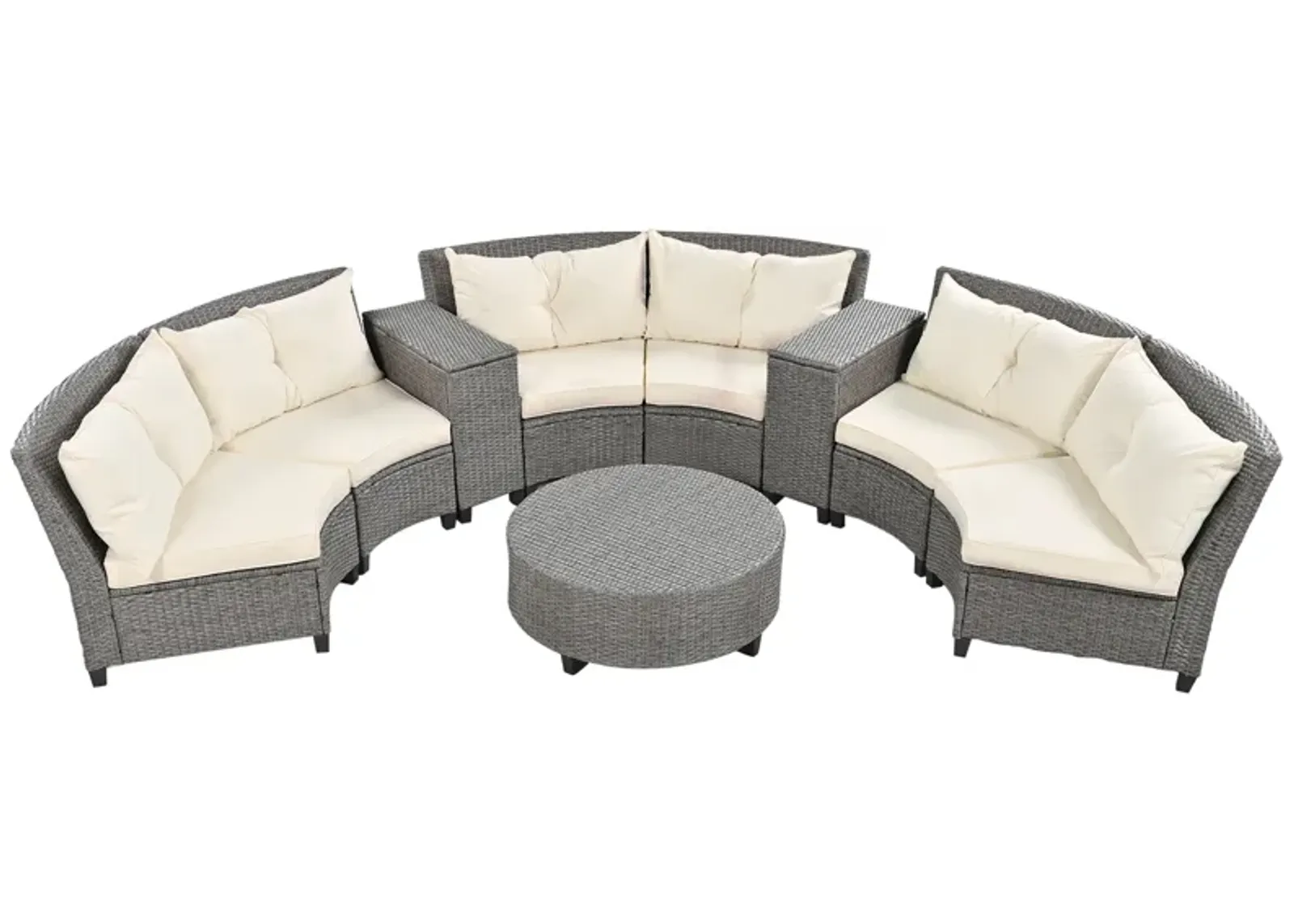 6 - Person Fan-shaped Rattan Suit Combination with Cushions and Table, Suitable for Garden