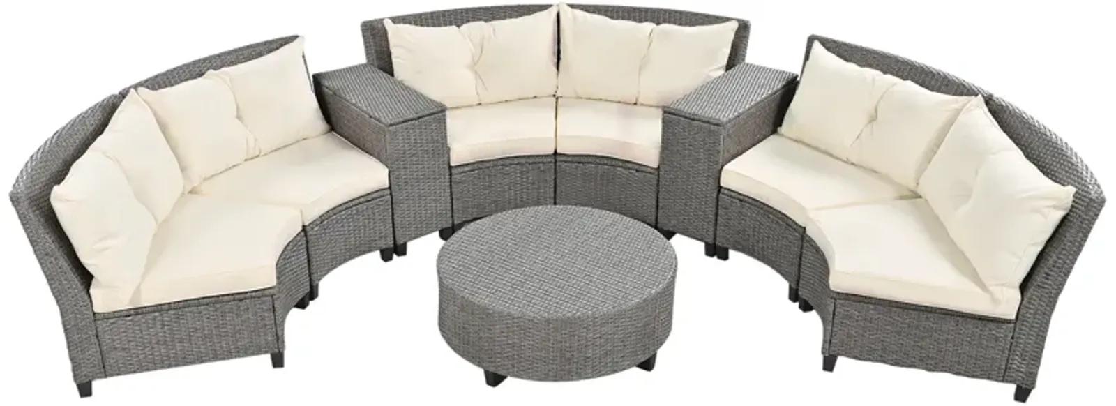 6 - Person Fan-shaped Rattan Suit Combination with Cushions and Table, Suitable for Garden