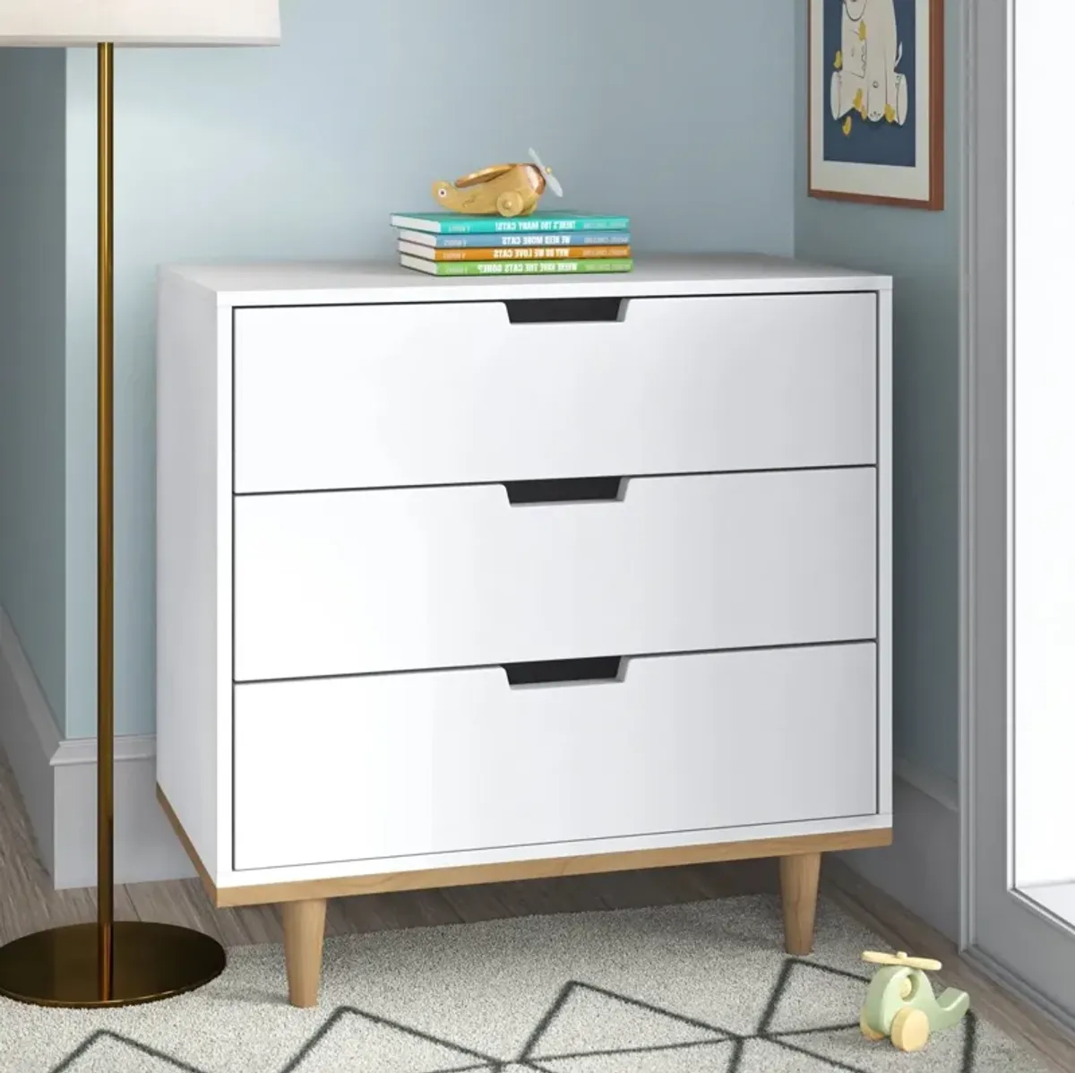 Hivvago Modern Mid-Century Style 3-Drawer Dresser Chest in White Natural Wood Finish