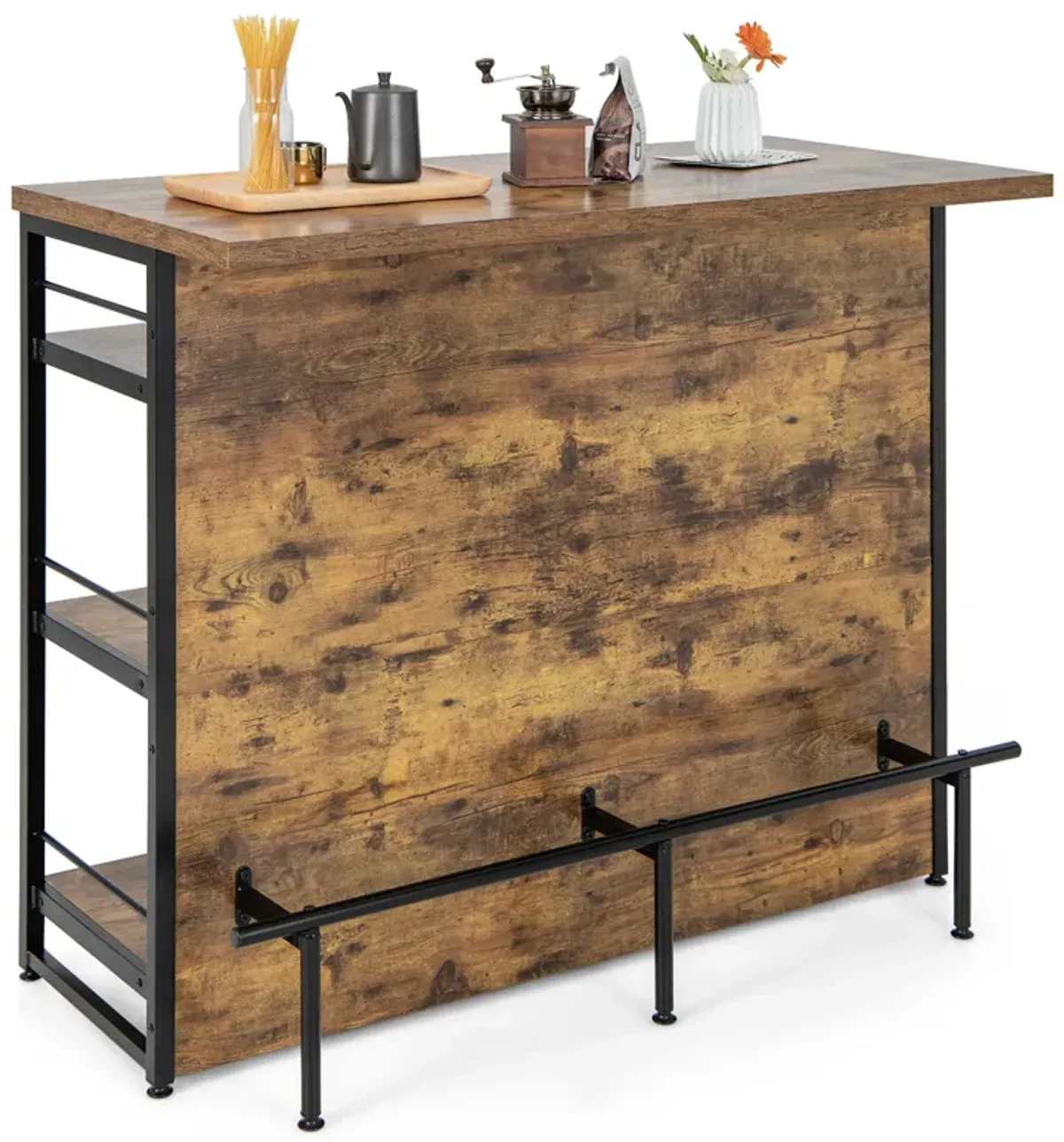 Kitchen Island with 4-Tier Storage Shelf and Long Footrest for Home-Rustic Brown