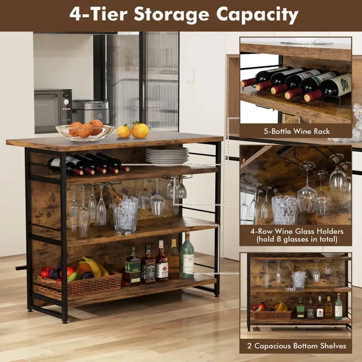 Kitchen Island with 4-Tier Storage Shelf and Long Footrest for Home-Rustic Brown