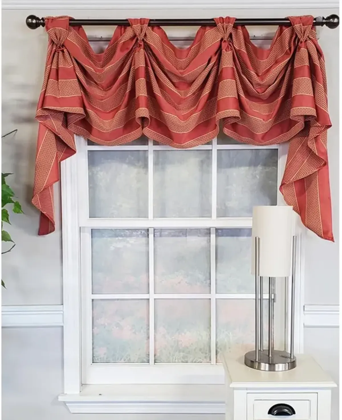 RLF Home Luxurious Modern Design Ribbon Stripe Victory Swag 3-Scoop Window Valance 50" x 25" Coral
