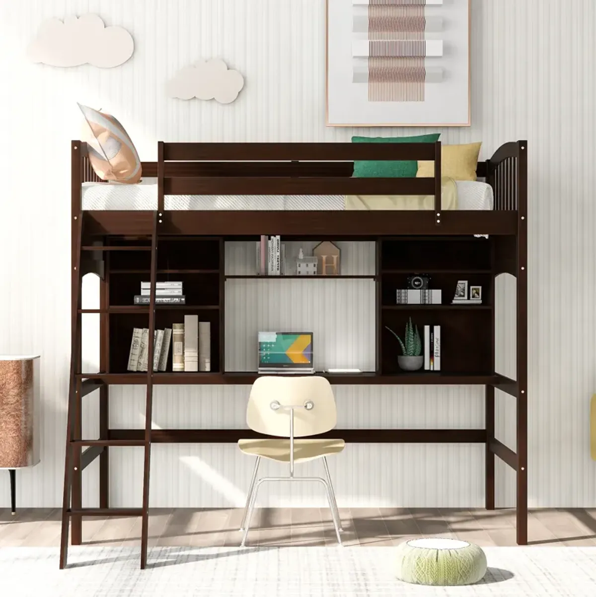 Merax Modern Loft Bed with Storage Shelves