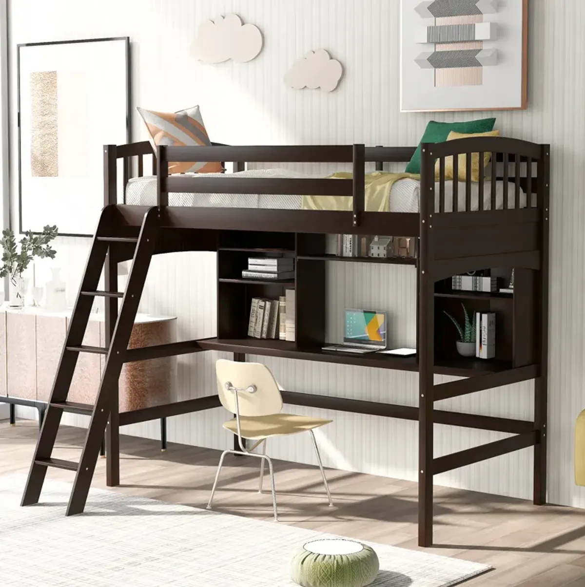 Merax Modern Loft Bed with Storage Shelves