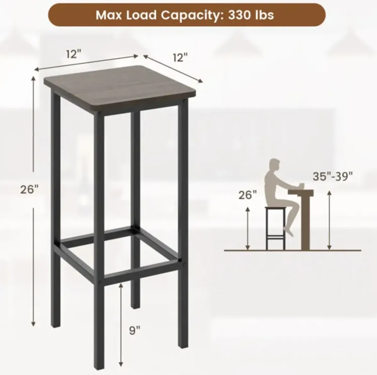 Hivvago Set of 4 Bar Stool Set 26" Bar Chair with Metal Legs and Footrest