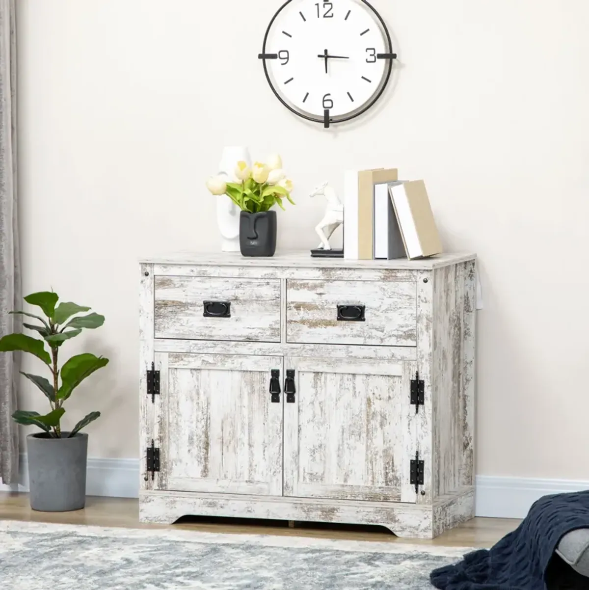 White Rustic Kitchen Storage: Cabinet with 2 Drawers & 2 Cupboards