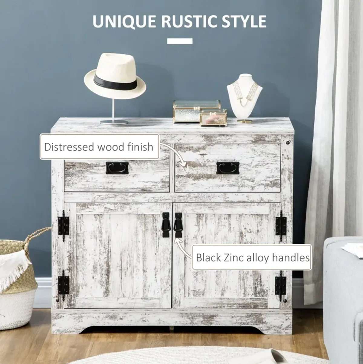 White Rustic Kitchen Storage: Cabinet with 2 Drawers & 2 Cupboards