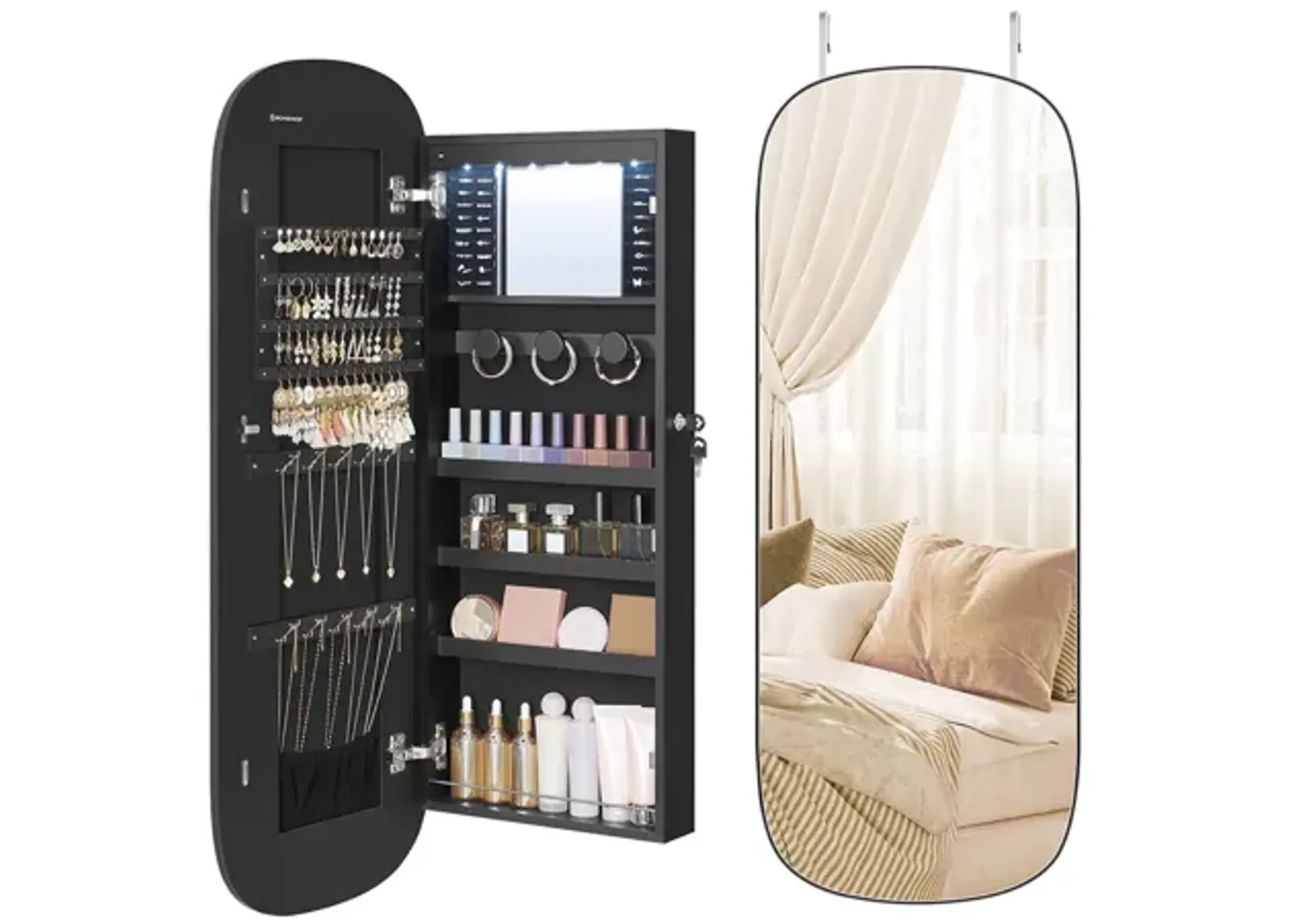 LED Jewelry Cabinet with Mirror Illuminated Storage for Jewelry and Accessories