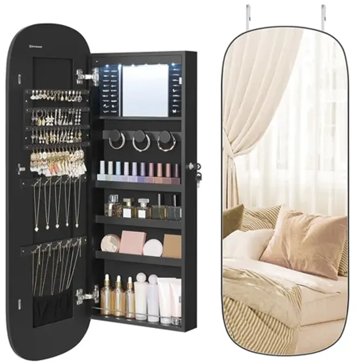 LED Jewelry Cabinet with Mirror Illuminated Storage for Jewelry and Accessories