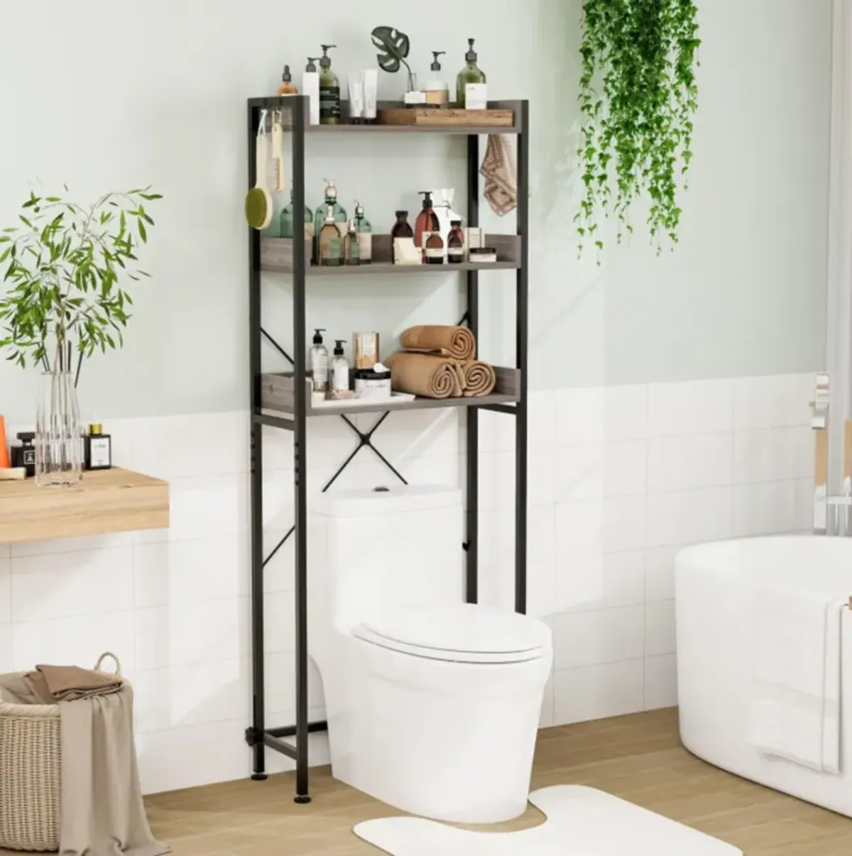 Hivvago Over The Toilet Storage Rack with Hooks and Adjustable Bottom Bar