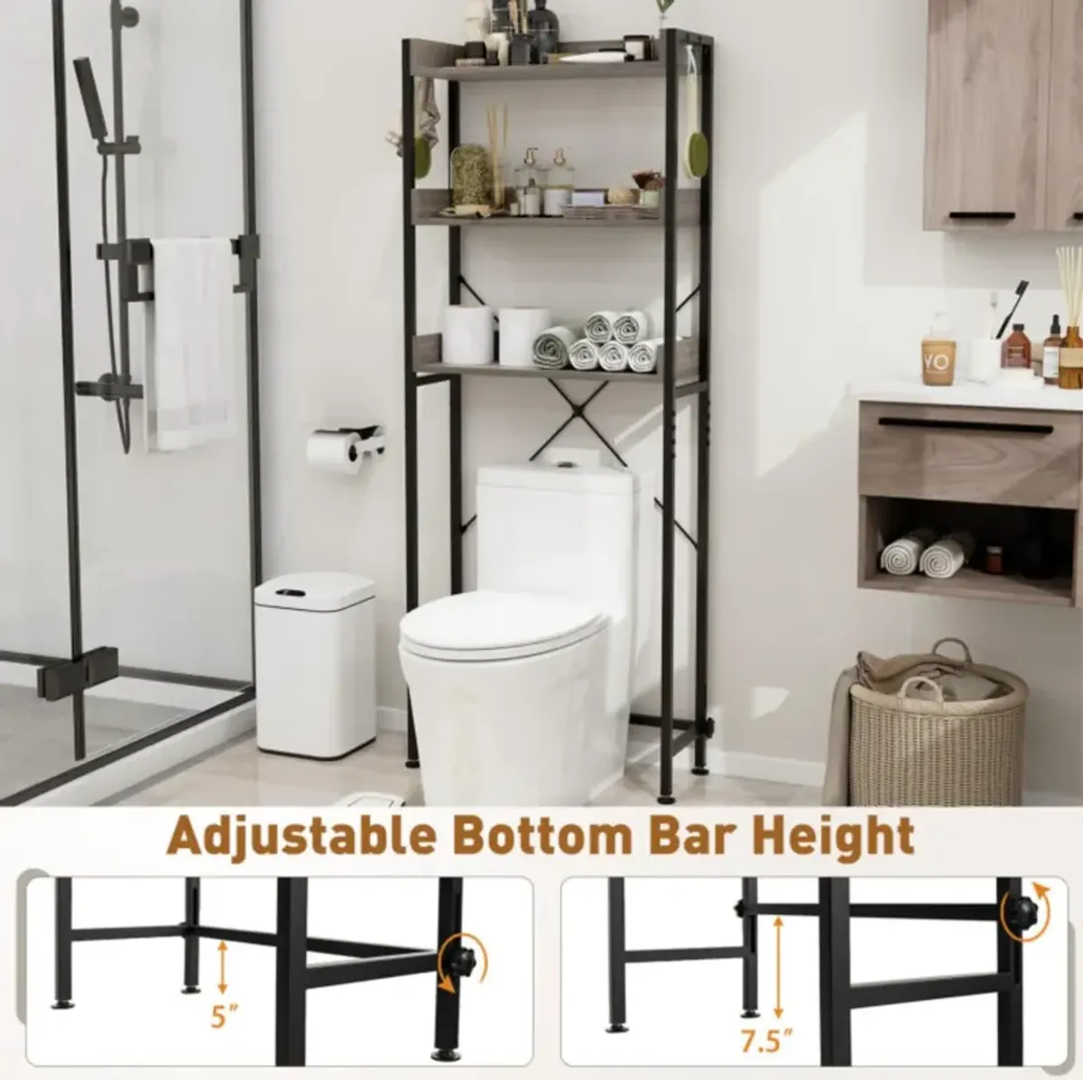 Hivvago Over The Toilet Storage Rack with Hooks and Adjustable Bottom Bar