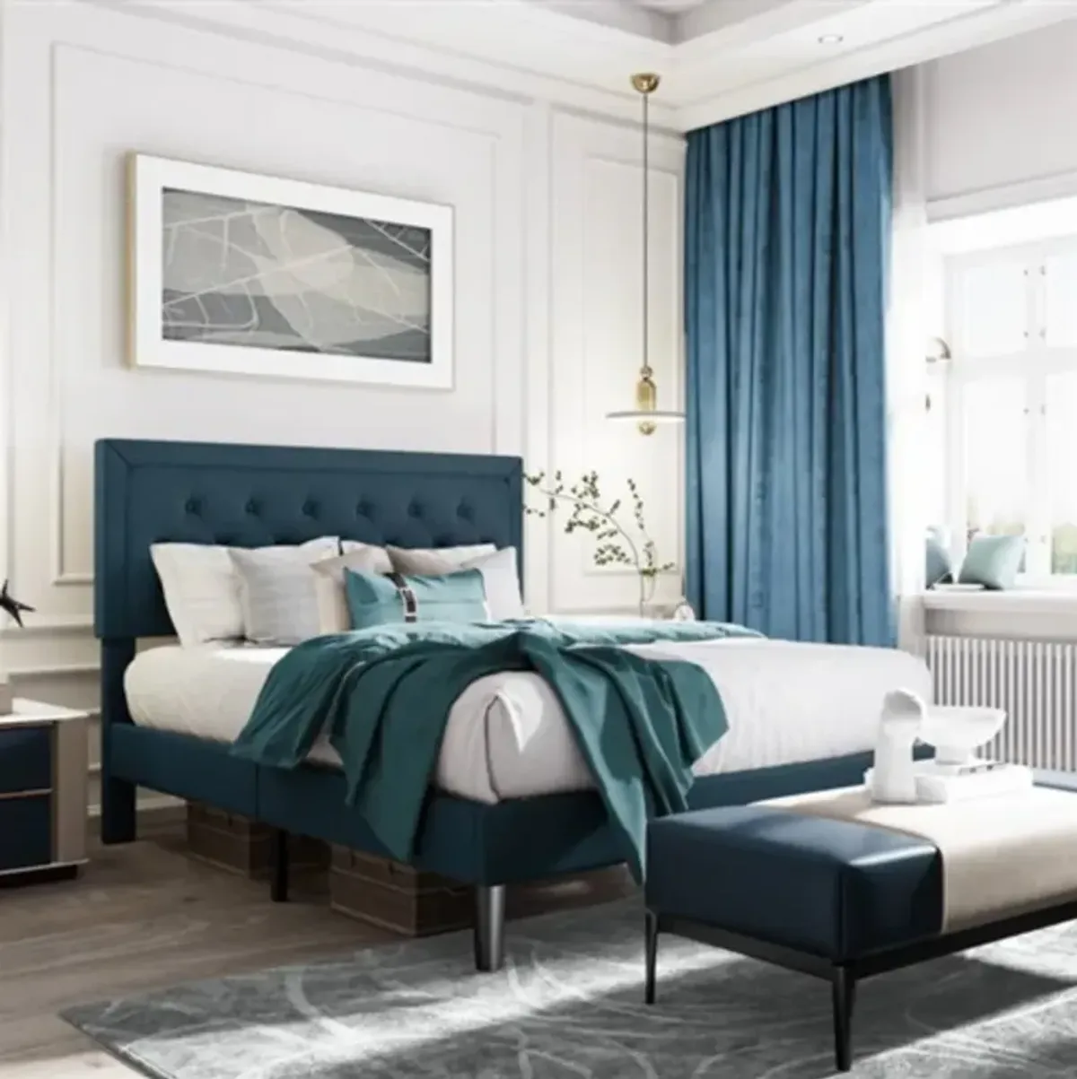 Adjustable Height Platform Bed Frame with Upholstered Headboard