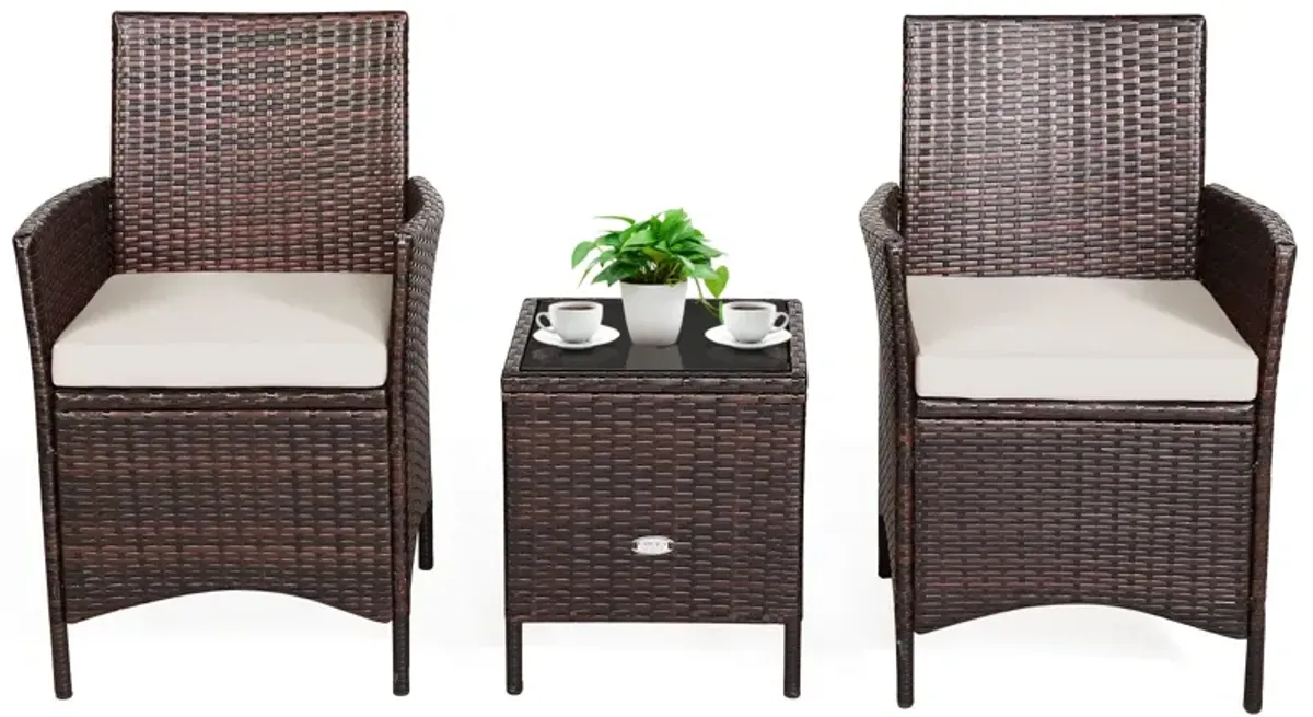 3 Pieces Patio Rattan Furniture Set Cushioned Sofa and Glass Tabletop Deck