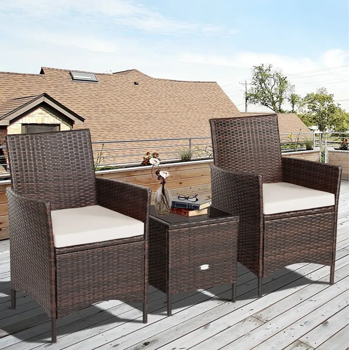 3 Pieces Patio Rattan Furniture Set Cushioned Sofa and Glass Tabletop Deck