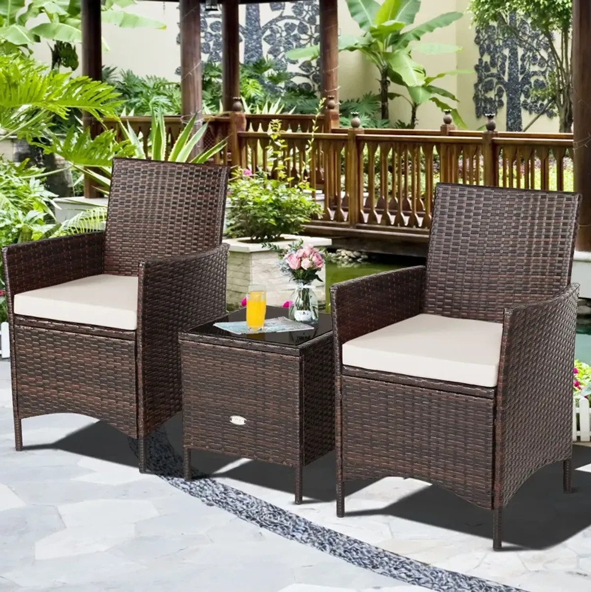 3 Pieces Patio Rattan Furniture Set Cushioned Sofa and Glass Tabletop Deck