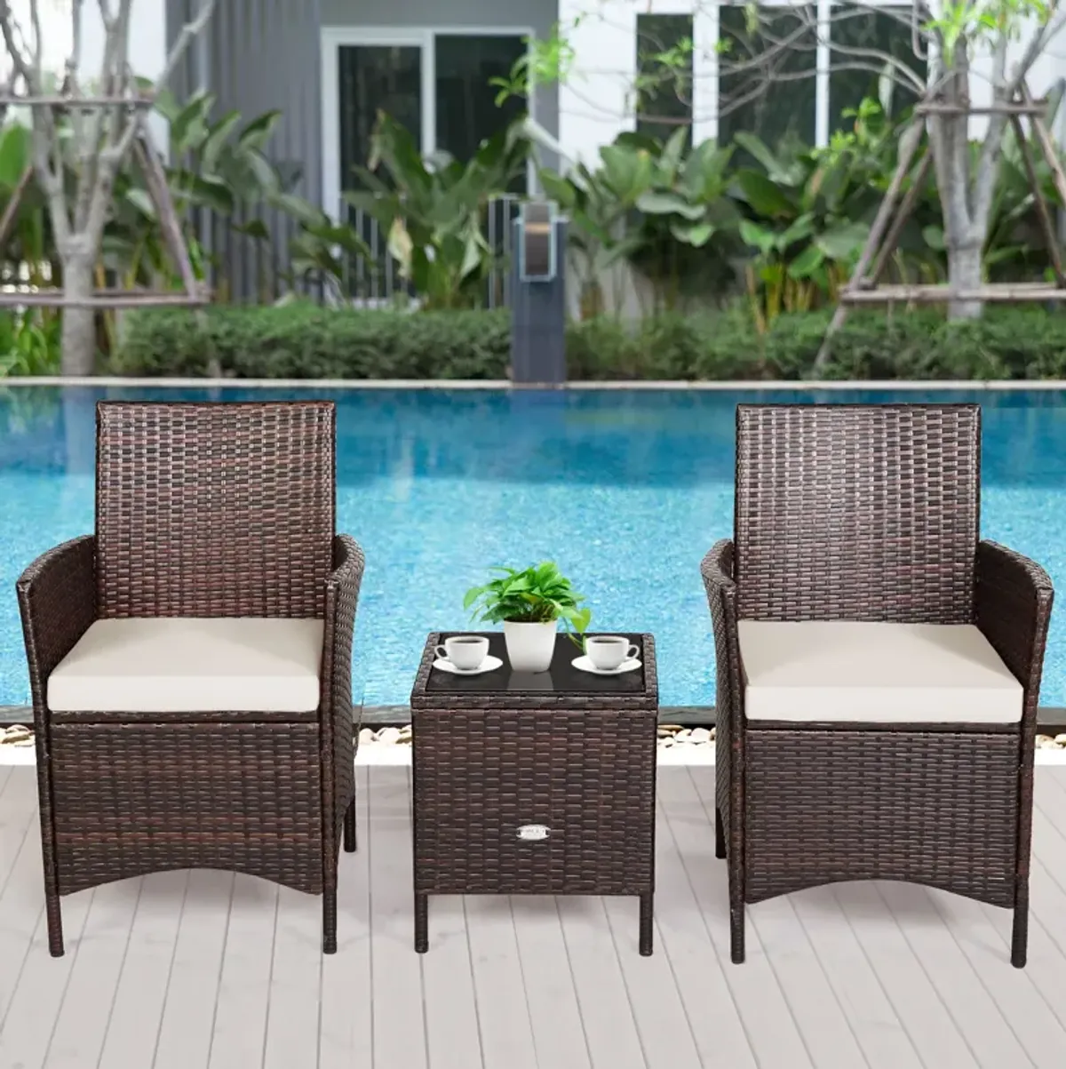 3 Pieces Patio Rattan Furniture Set Cushioned Sofa and Glass Tabletop Deck