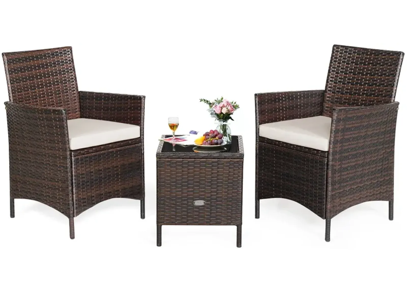 3 Pieces Patio Rattan Furniture Set Cushioned Sofa and Glass Tabletop Deck