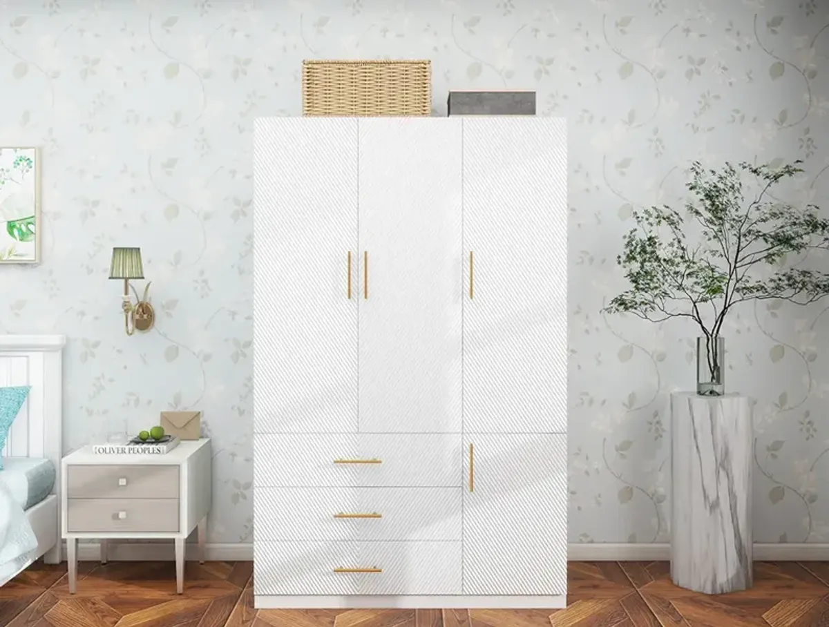 White Armoire Wardrobe Closet with 3 Doors Wooden Bedroom Armoires Clothes, Wood Wardrobe Closets Storage Cabinet with Hanging Rod Shelves Drawers Closets