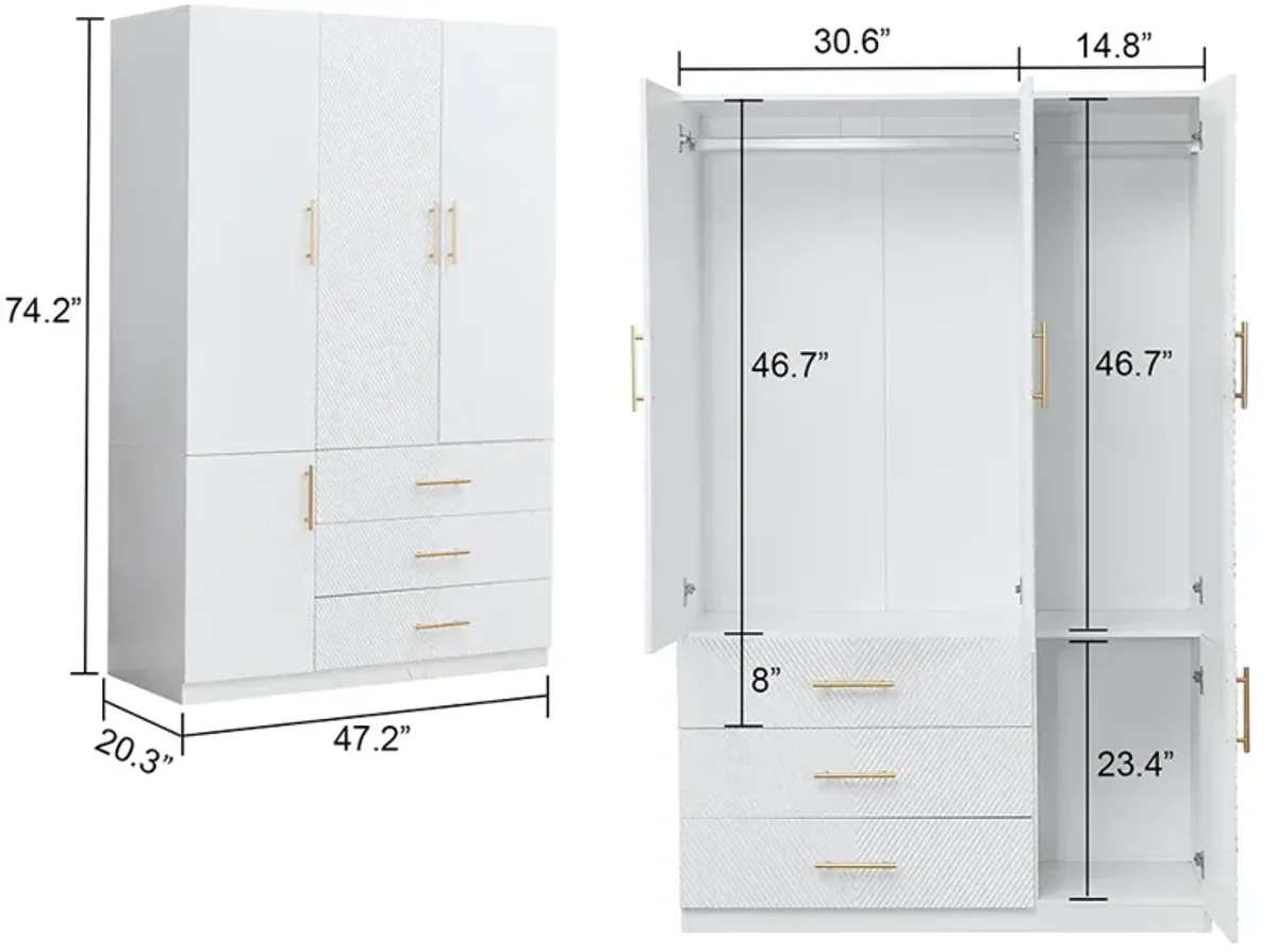 White Armoire Wardrobe Closet with 3 Doors Wooden Bedroom Armoires Clothes, Wood Wardrobe Closets Storage Cabinet with Hanging Rod Shelves Drawers Closets