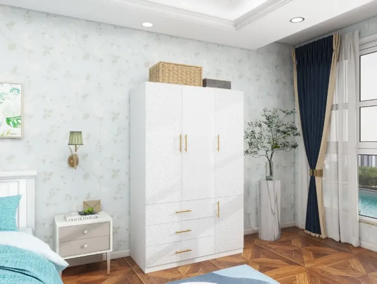 White Armoire Wardrobe Closet with 3 Doors Wooden Bedroom Armoires Clothes, Wood Wardrobe Closets Storage Cabinet with Hanging Rod Shelves Drawers Closets