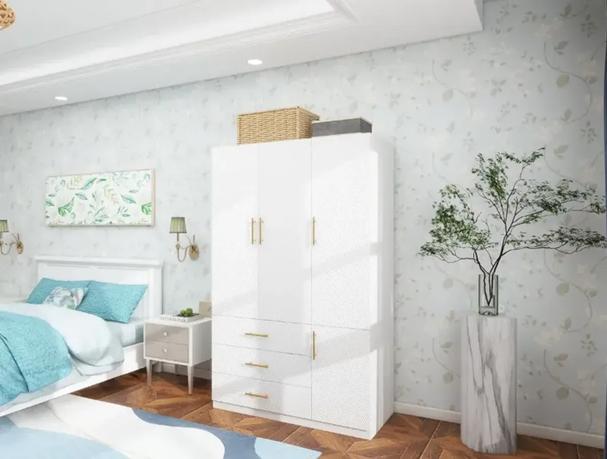 White Armoire Wardrobe Closet with 3 Doors Wooden Bedroom Armoires Clothes, Wood Wardrobe Closets Storage Cabinet with Hanging Rod Shelves Drawers Closets