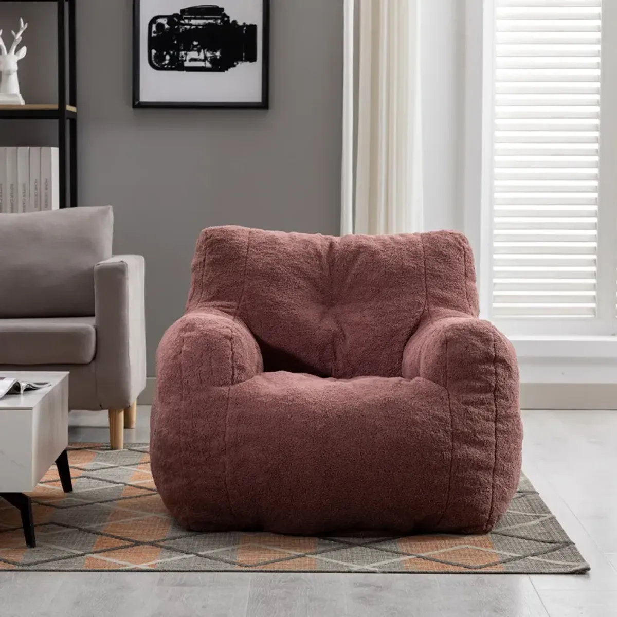 Streamdale Soft Tufted Foam Bean Bag Chair With Teddy Fabric Bean Paste Red