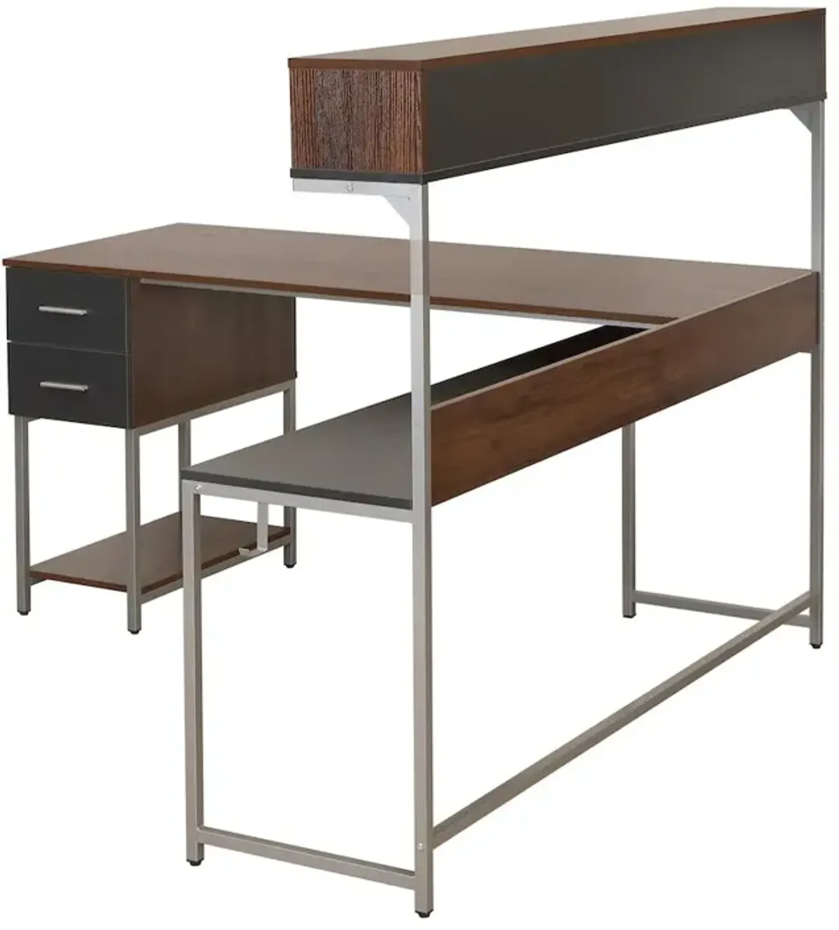 Techni Mobili L-Shape Desk with Hutch and Storage, Walnut