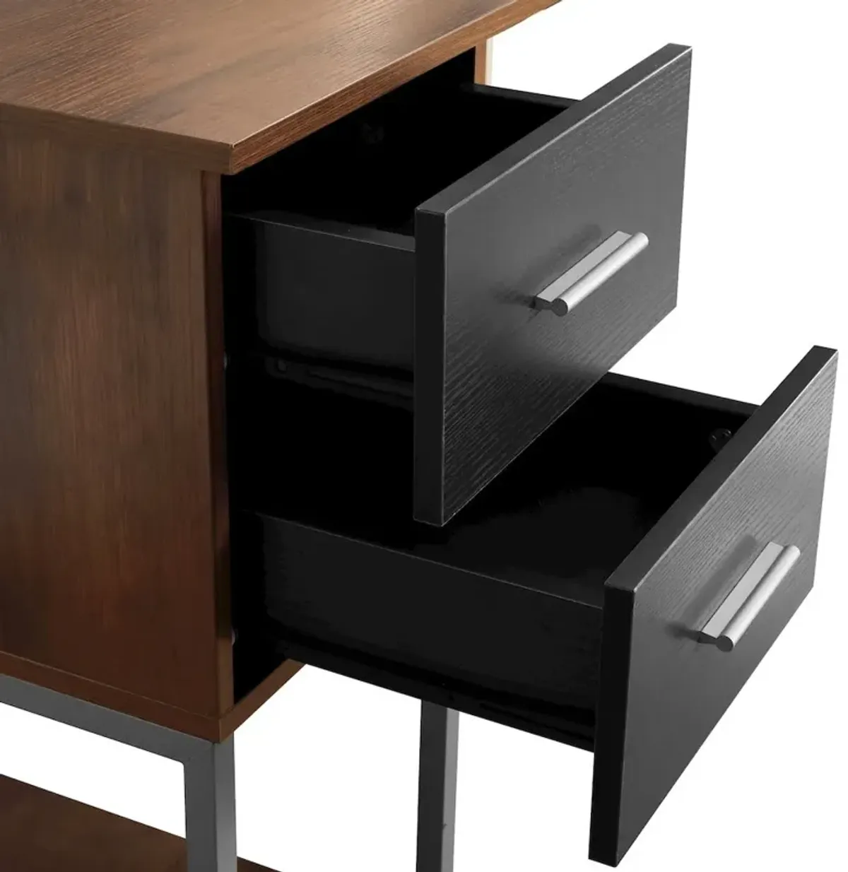 Techni Mobili L-Shape Desk with Hutch and Storage, Walnut