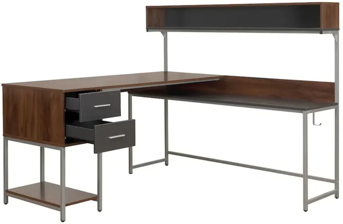 Techni Mobili L-Shape Desk with Hutch and Storage, Walnut