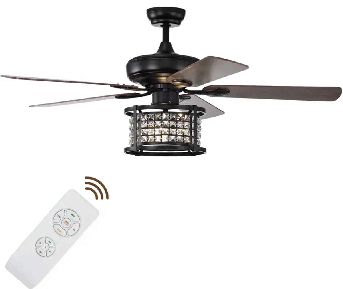 52 Inch 3-Speed Crystal Ceiling Fan Light with Remote Control-Black