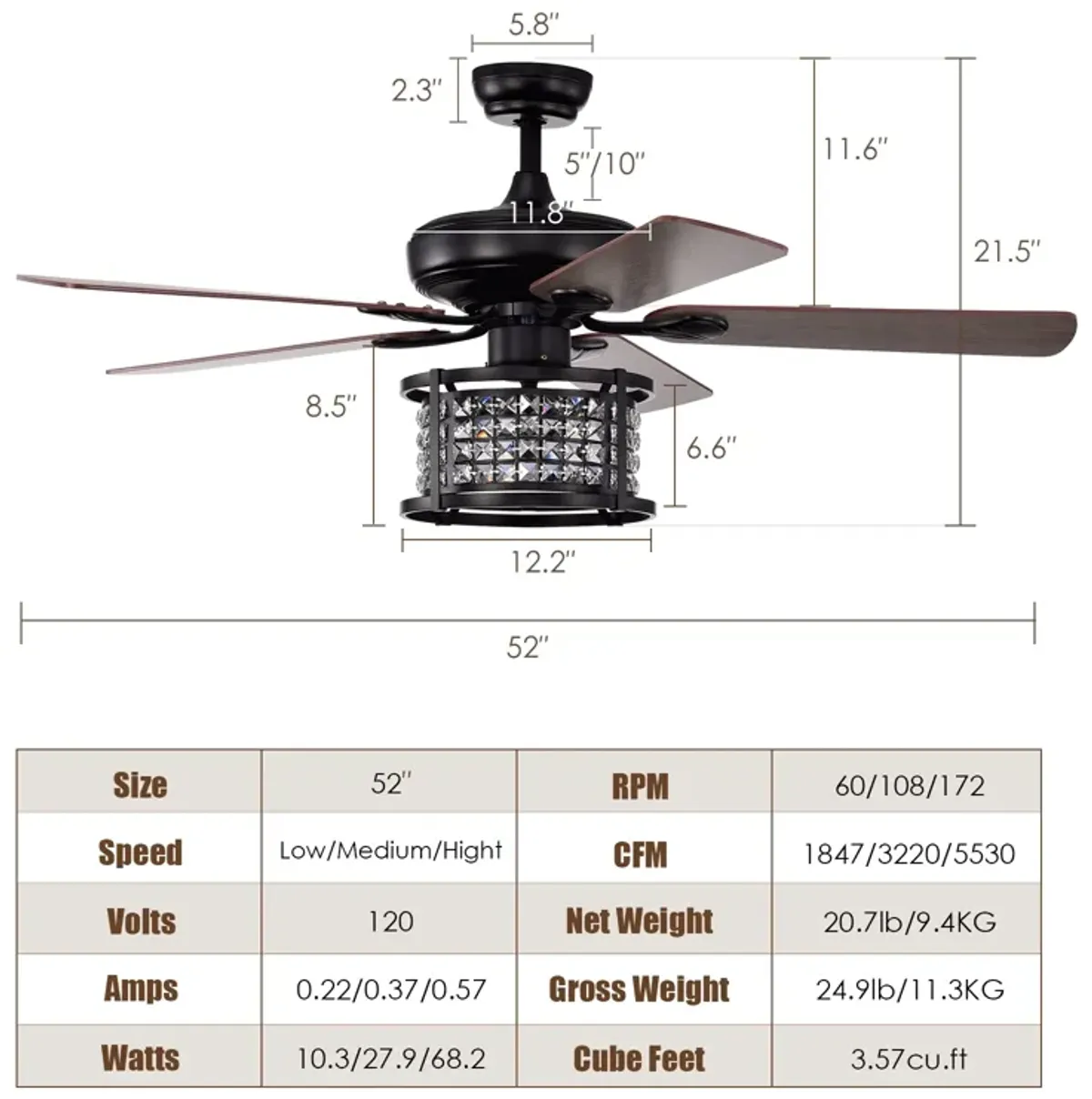 52 Inch 3-Speed Crystal Ceiling Fan Light with Remote Control-Black