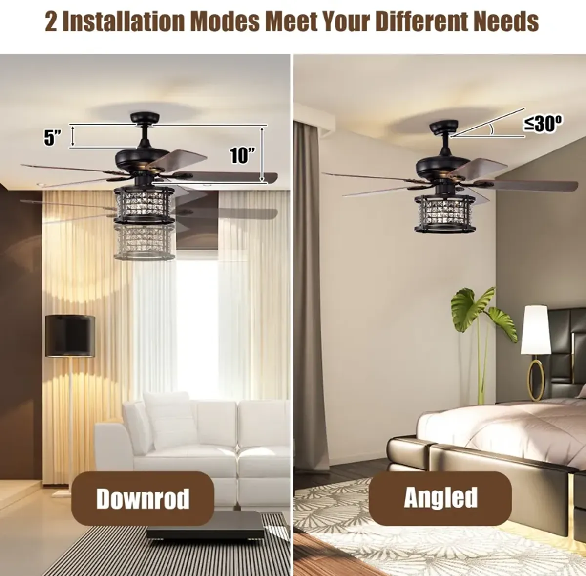 52 Inch 3-Speed Crystal Ceiling Fan Light with Remote Control-Black