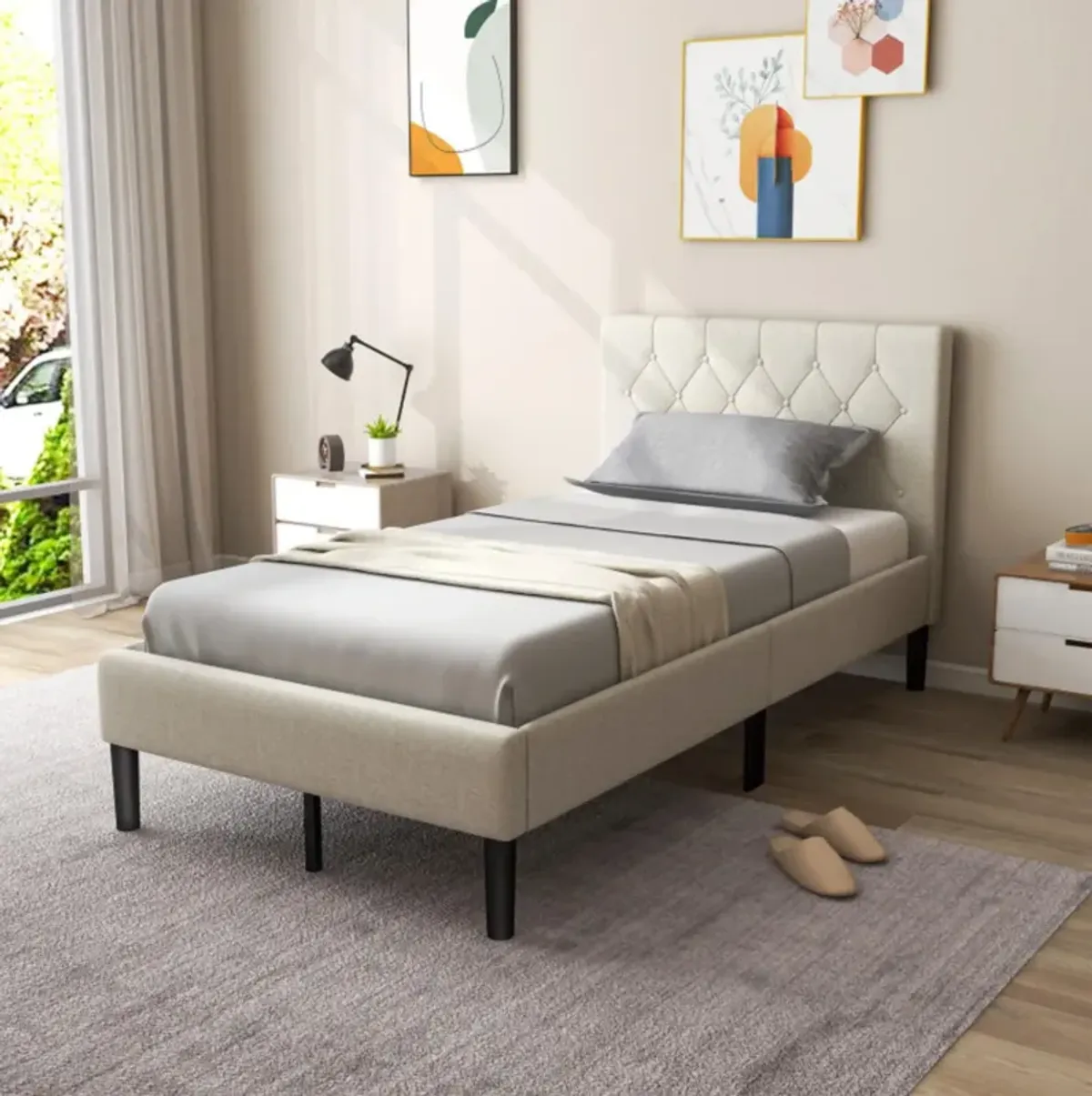 Hivvago Twin Size Upholstered Platform Bed with Button Tufted Headboard-Beige