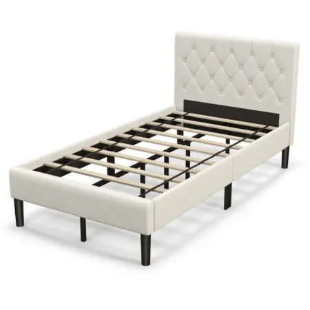 Hivvago Twin Size Upholstered Platform Bed with Button Tufted Headboard-Beige