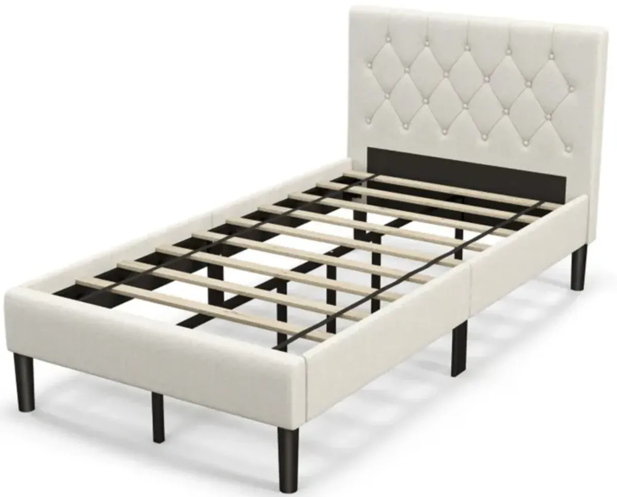 Hivvago Twin Size Upholstered Platform Bed with Button Tufted Headboard-Beige