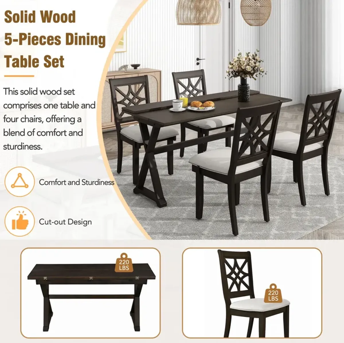 MONDAWE 5-Piece Extendable Rubber Wood Dining Table Set with X-shape Legs,Console Table with Two Flip Lids and Upholstered Dining Chairs