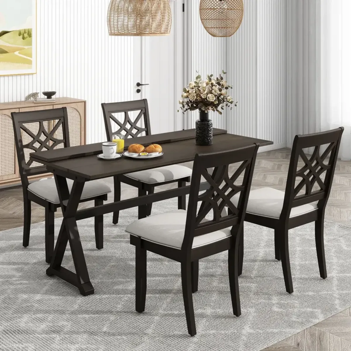 MONDAWE 5-Piece Extendable Rubber Wood Dining Table Set with X-shape Legs,Console Table with Two Flip Lids and Upholstered Dining Chairs