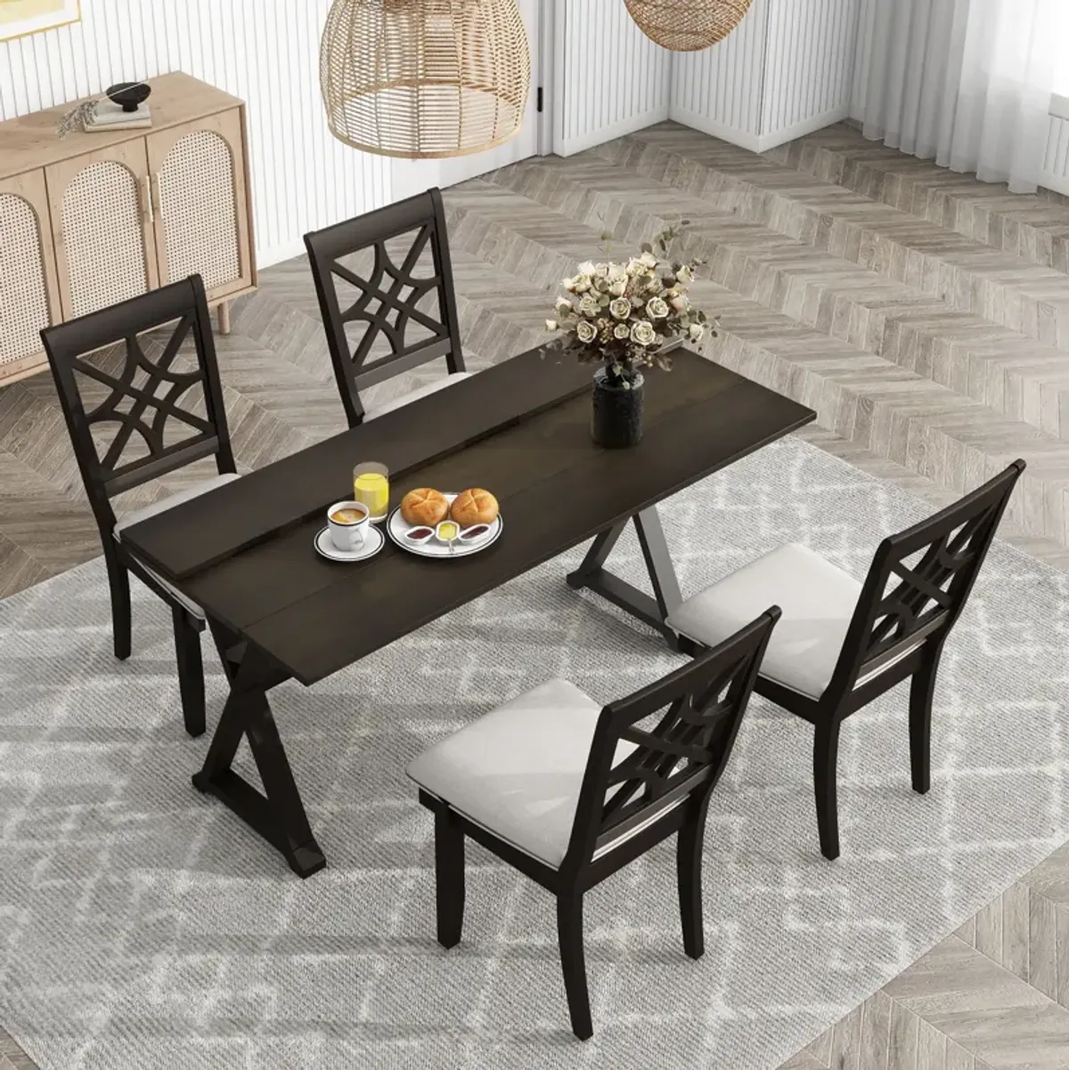 MONDAWE 5-Piece Extendable Rubber Wood Dining Table Set with X-shape Legs,Console Table with Two Flip Lids and Upholstered Dining Chairs