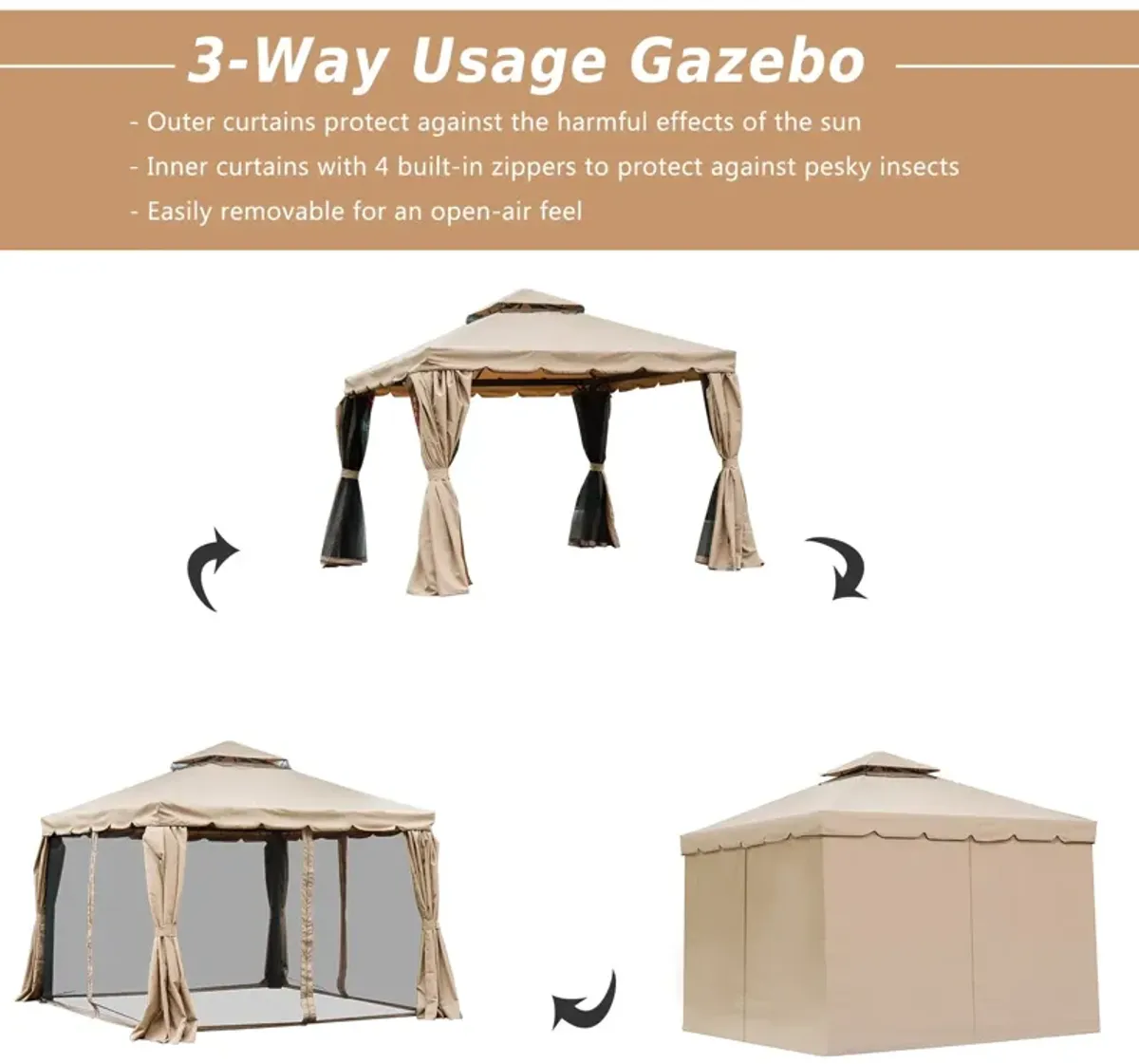 Khaki Backyard Haven: 10'x10' Gazebo with Netting & Double-Vented Roof