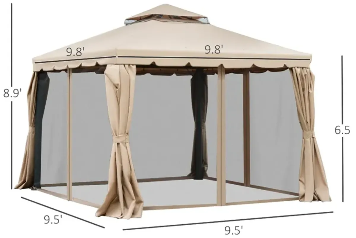 Khaki Backyard Haven: 10'x10' Gazebo with Netting & Double-Vented Roof