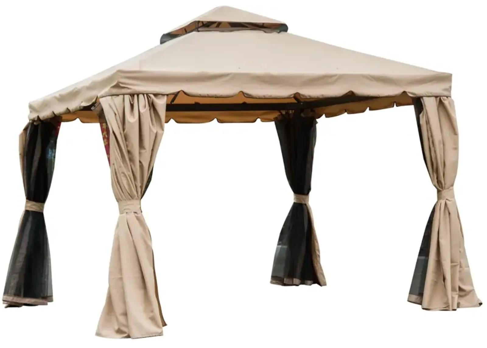 Khaki Backyard Haven: 10'x10' Gazebo with Netting & Double-Vented Roof