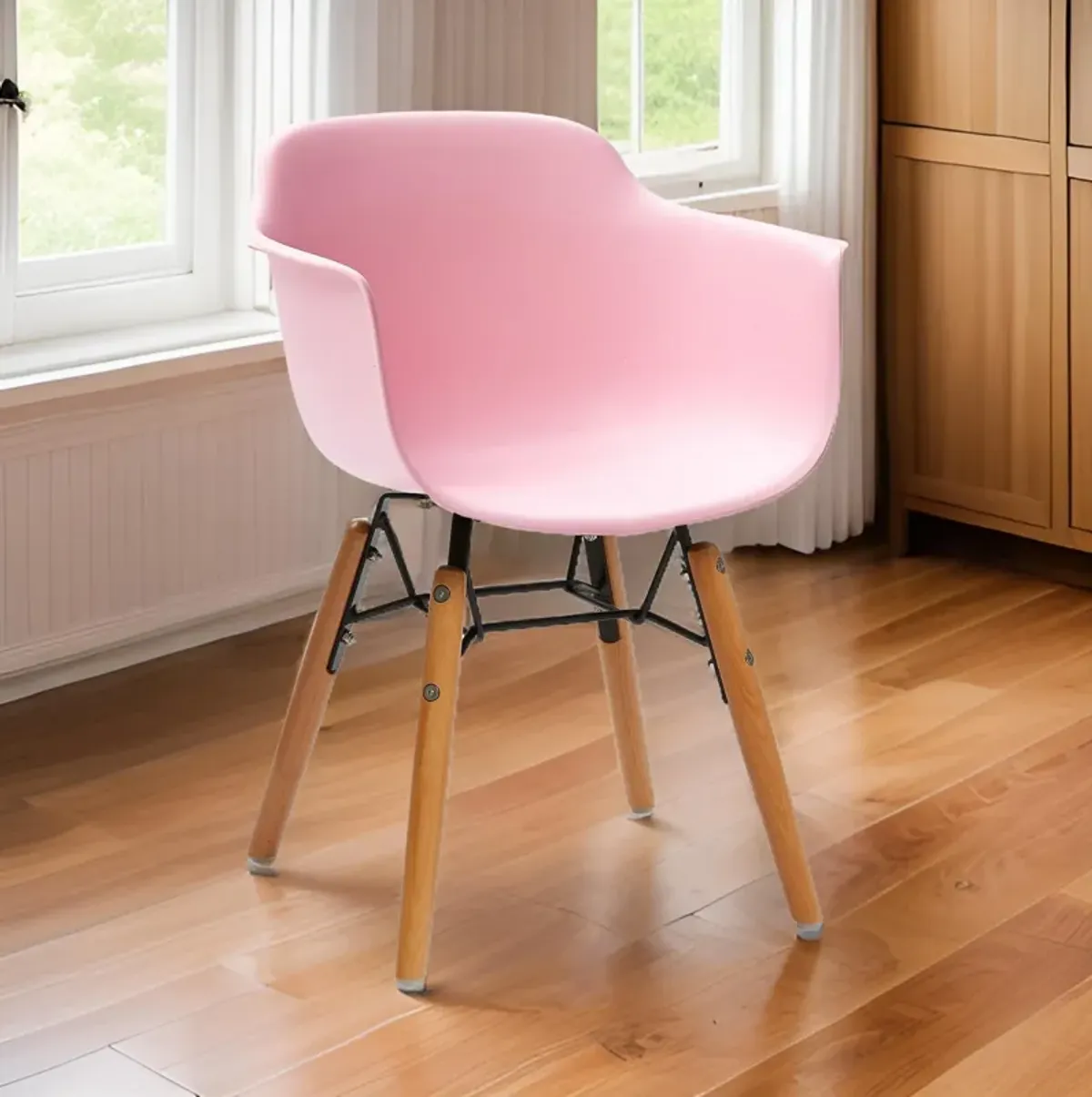 Lyna 16 Inch Kids Side Chair with Solid Back, Arms, Angled Wood Base, Pink - Benzara