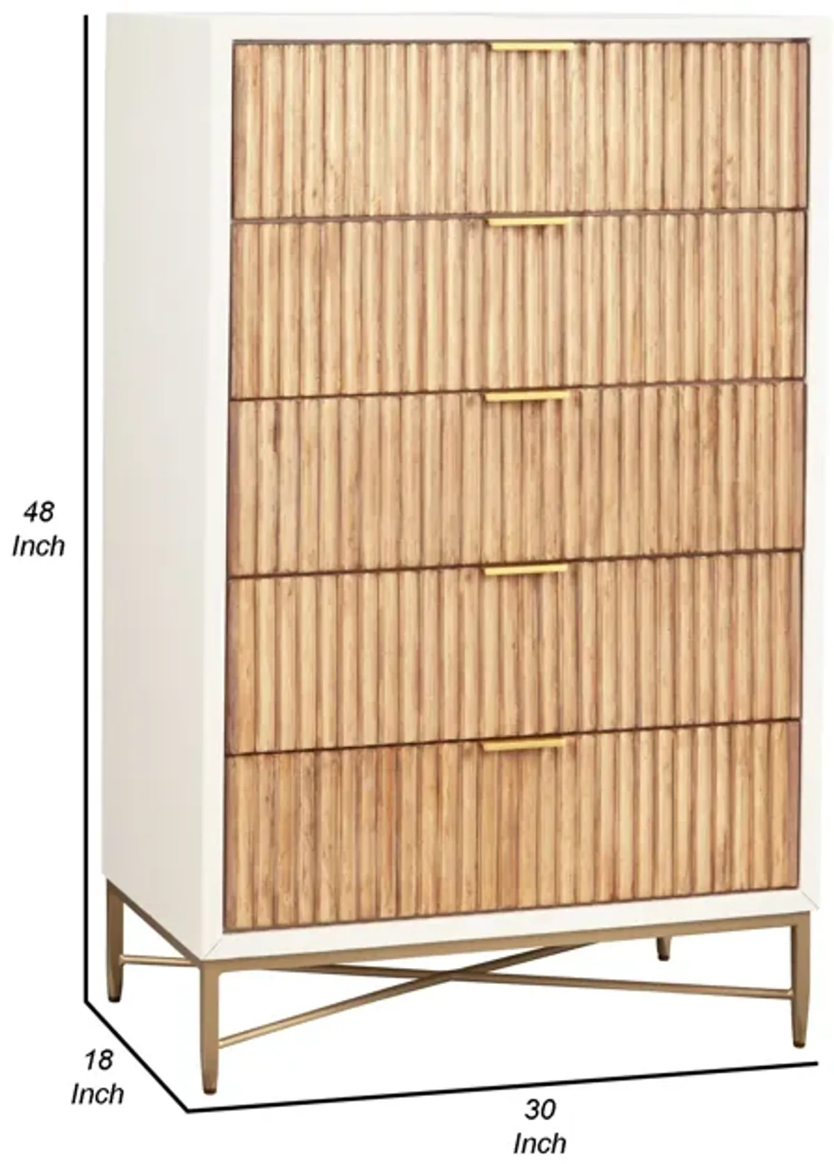 Chest with 5 Corrugated Panel Drawers and Metal Base, White-Benzara