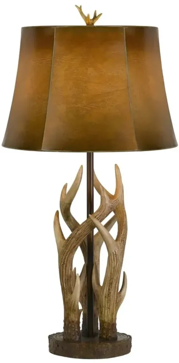 150 Watt Leatherette Shade Table Lamp with Antler Polyresin Base, Brown - Benzara