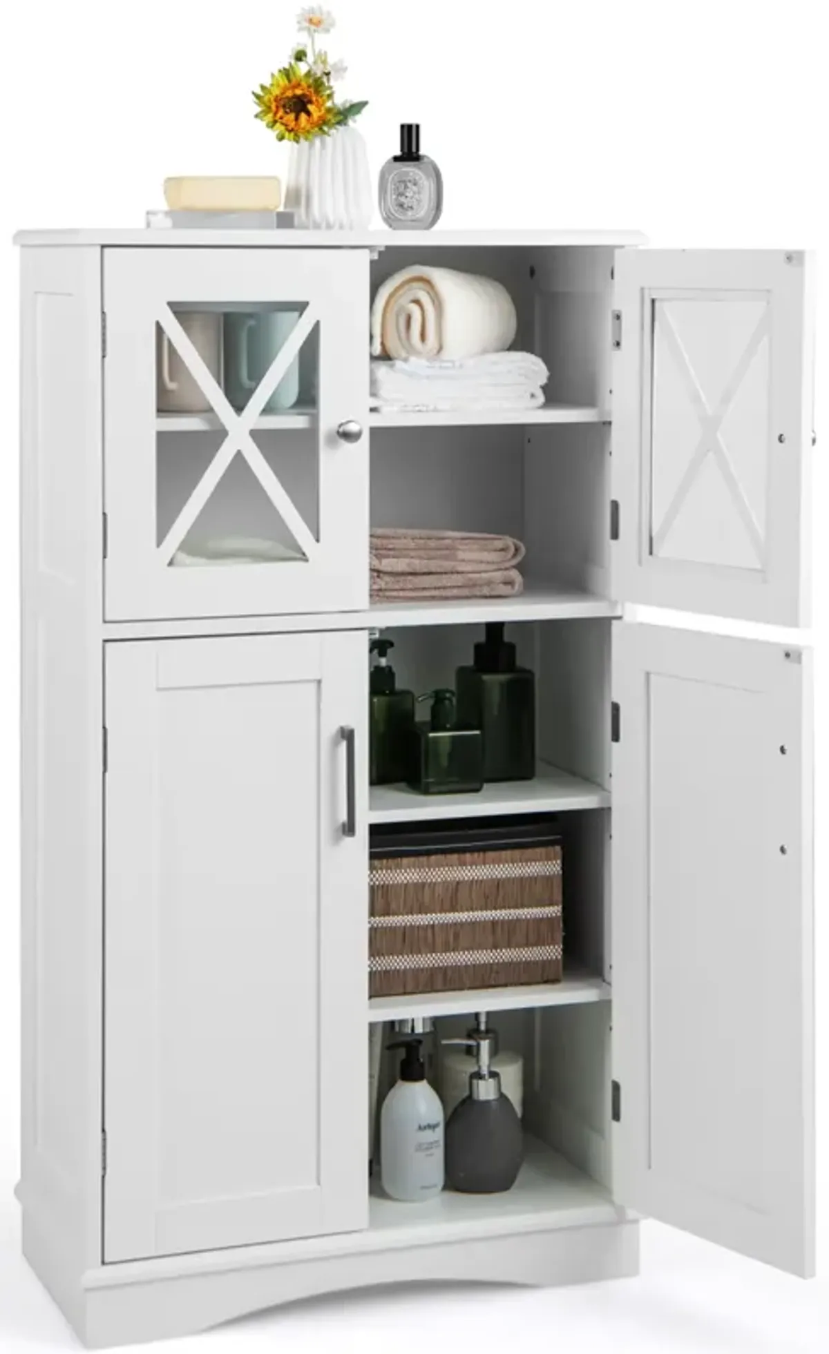 Costway Bathroom Storage Cabinet Linen Storage Cabinet with Doors and Adjustable Shelves