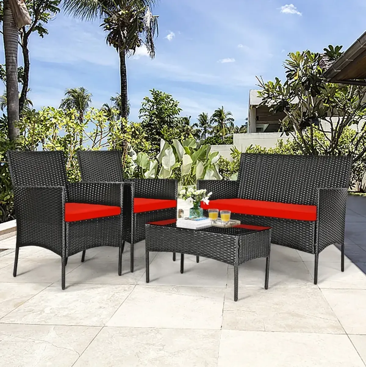 4 Pieces Patio Rattan Cushioned Sofa Set with Tempered Glass Coffee Table-Red