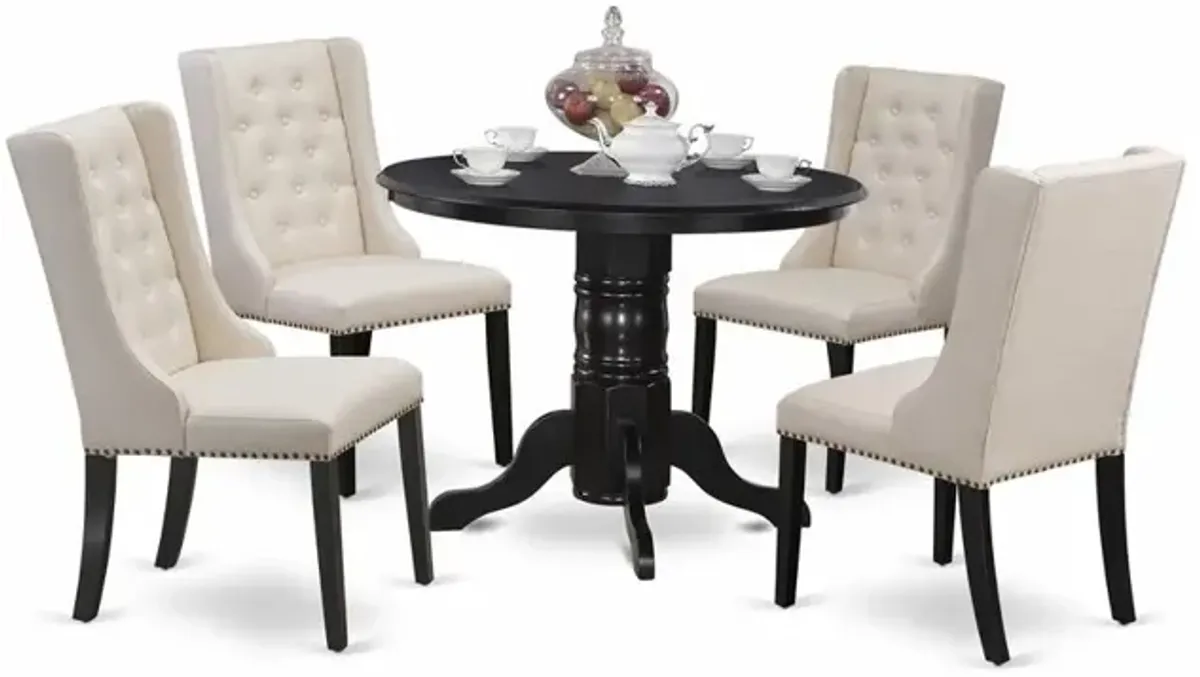East West Furniture SHFO5-BLK-01 5-Piece Dinette Set Includes 1 Pedestal Dining Table and 4 Cream Linen Fabric Upholstered Dining Chairs with Button Tufted Back - Black Finish